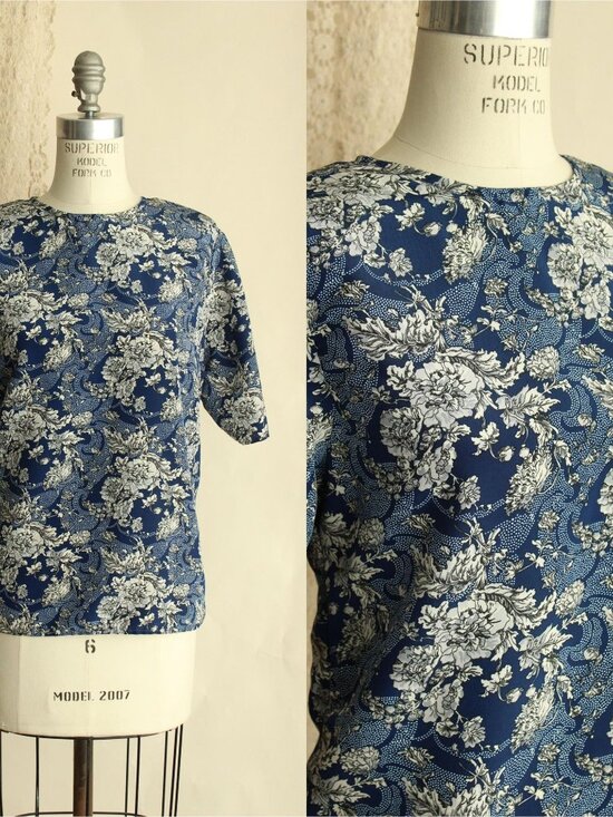 Norton McNaughton Tops - Vintage 1990s Blouse, Norton McNaughton Blue And White Floral Print Top, Keyhole